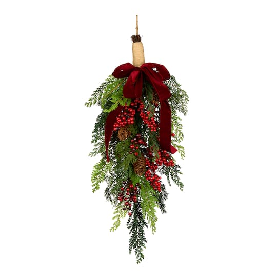 National Tree Company; 28" Christmas Joy Cypress, Red Berry & Pinecone Teardrop Swag; Category:Swags & Teardrops; Image:1